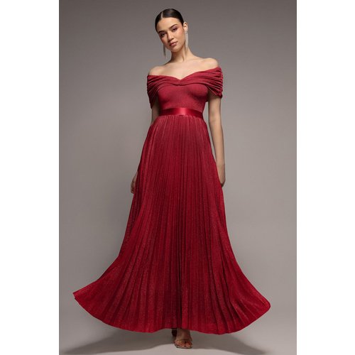 Goddiva Bardot Pleated Skirt Maxi Dress - Wine