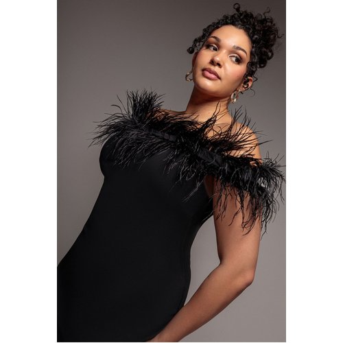 Goddiva Plus Off The Shoulder Feather Midi Dress - Black