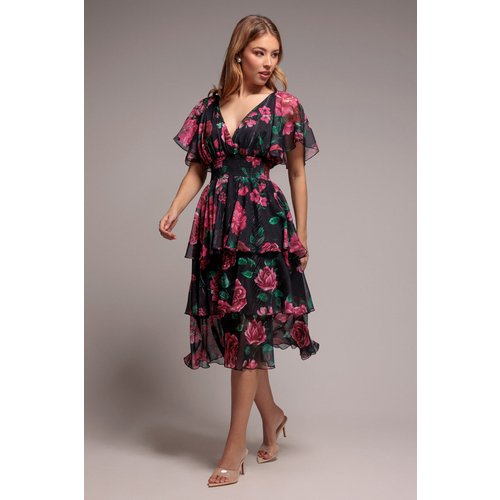 Goddiva Layered Floral Midi Flutter Sleeves - Blackfloral