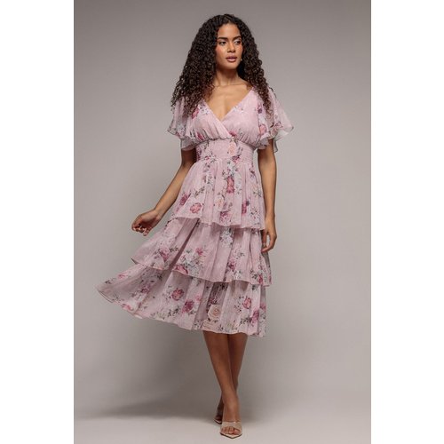 Goddiva Layered Floral Midi With Flutter Sleeves - Blush