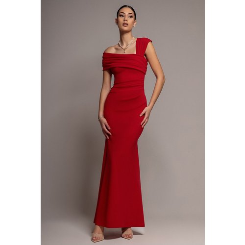 Goddiva One Shoulder Evening Maxi Dress - Red
