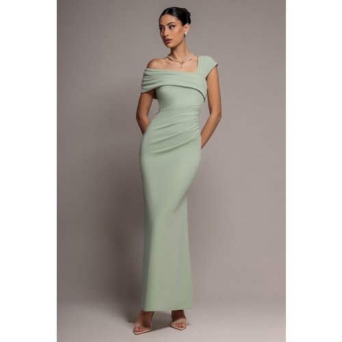 Goddiva One Shoulder Asymmetric Scuba Crepe Maxi Dress - Sage Green