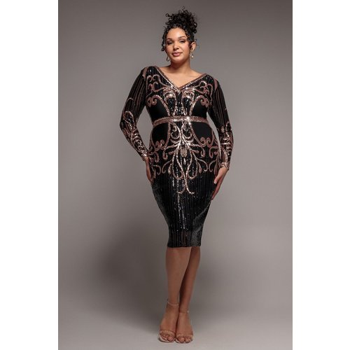 Goddiva Plus Sequin Mesh V Neck Midi Dress - Black