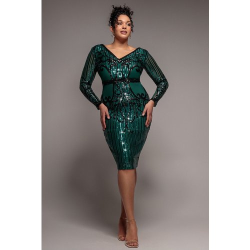 Goddiva Plus Sequin Mesh V Neck Midi Dress - Emerald