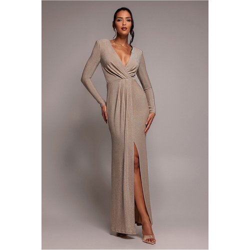 Goddiva Plunge Neck Wrap Front Split Lurex Maxi Dress - Nude