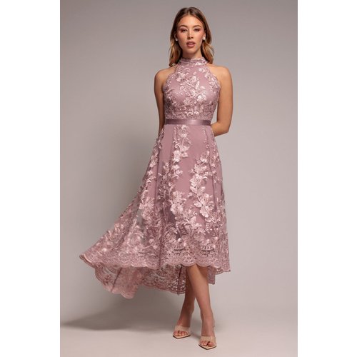 Goddiva Halter Neck Lace High And Low Dress - Pink