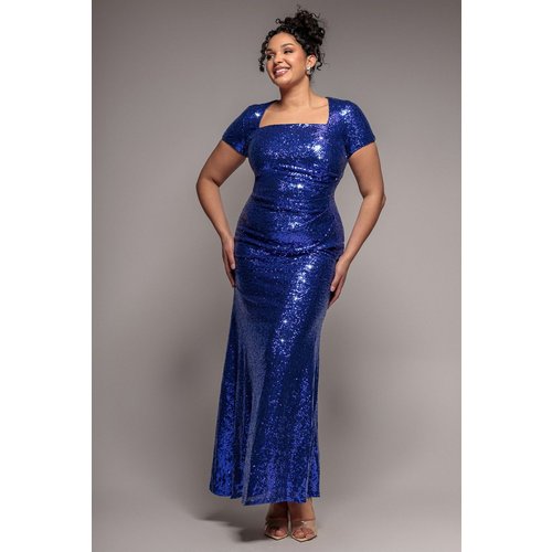 Goddiva Plus Sequin Portrait Neckline Maxi Dress - Royal Blue