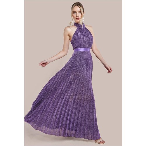 Goddiva Lurex Halterneck Pleated Maxi Dress - Purple