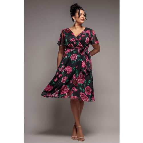 Goddiva Plus Floral Print Wrap Chiffon Midi Dress - Black Floral