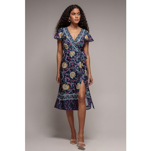 Goddiva Floral Print Wrap Midi With Flutter Sleeves - Navy Print