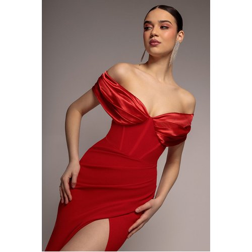 Goddiva Satin & Scuba Off The Shoulder Maxi Dress - Red