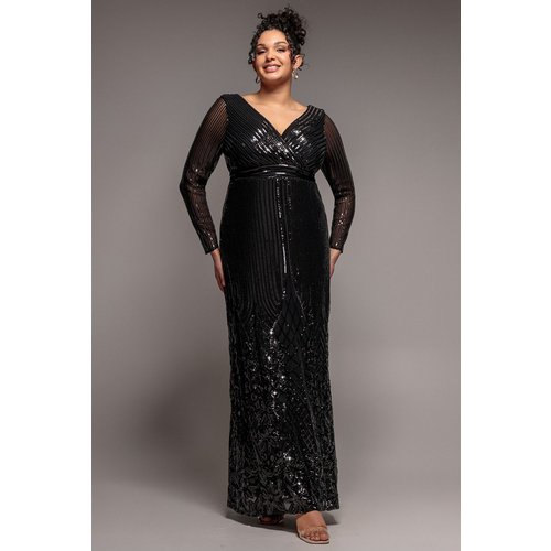 Goddiva Plus Long Sleeve Sequin V Wrap Maxi Dress - Black