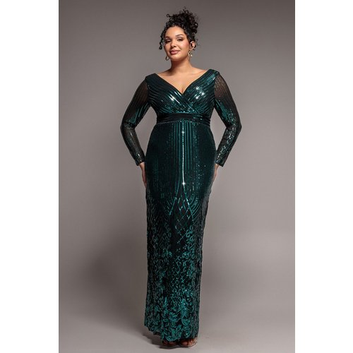 Goddiva Plus Long Sleeve Sequin V Wrap Maxi Dress - Emerald Green