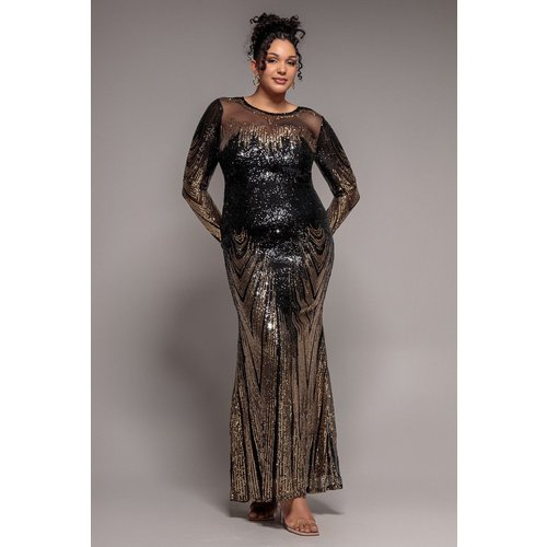 Goddiva Plus Long Sleeve Aztec Sequin Maxi Dress - Gold