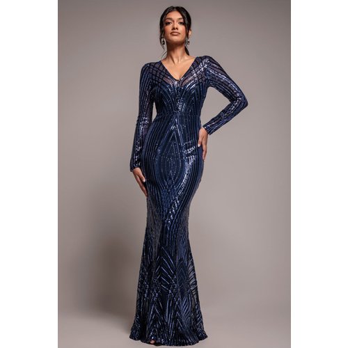Goddiva Two Toned V Neck Sequin Maxi - Navy