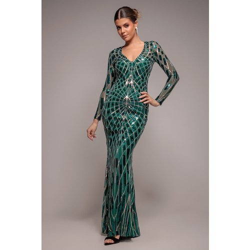 Goddiva Geo Sequin Long Sleeve Maxi Dress - Emerald