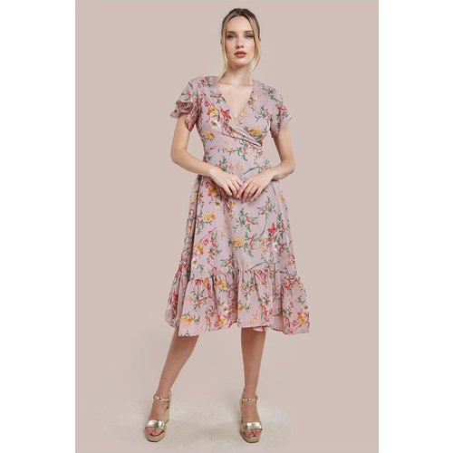 City Goddess Wrap Flutter Sleeve Floral Midi Dress - Beige
