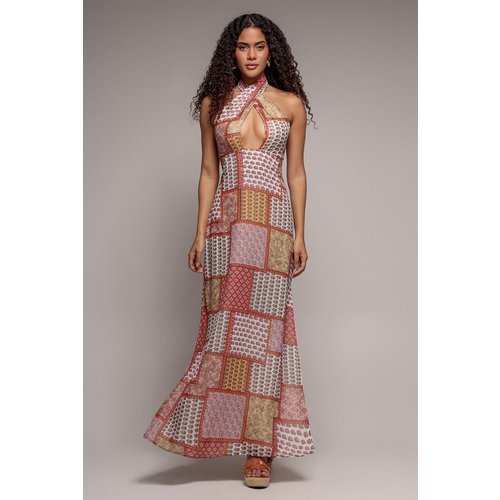 Goddiva Halter Neck Printed Maxi Dress - Coral