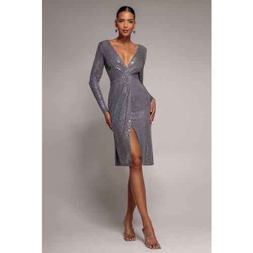 Goddiva Sequined Lurex Long Sleeve Wrap Midi Dress - Silver