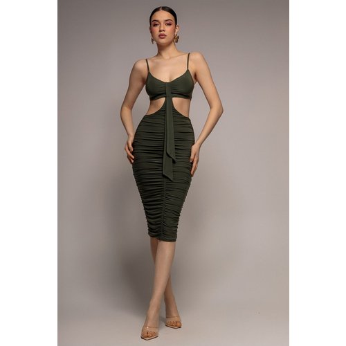 City Goddess Cut Out Ruched Bodycon Midi Dress - Khaki