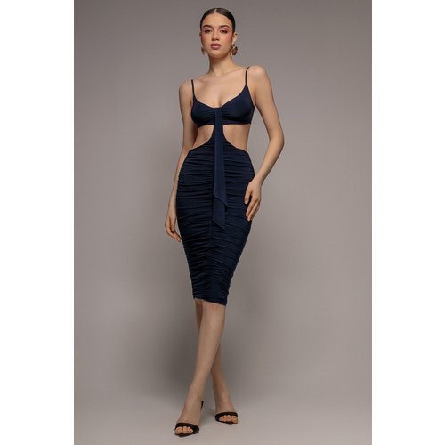 Goddiva Cut Out Ruched Bodycon Midi Dress - Navy Blue