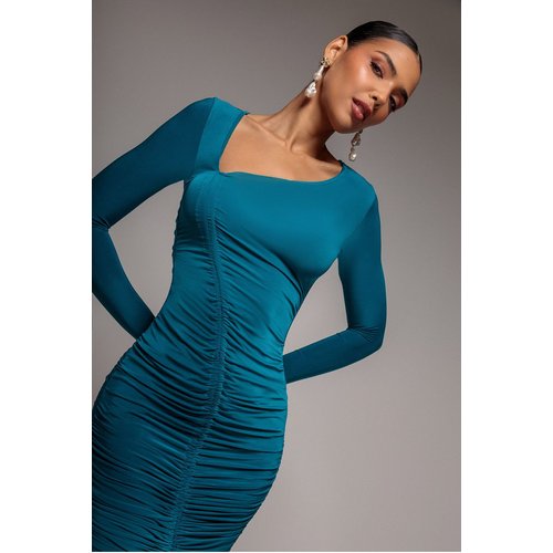 Goddiva Asymmetrical Neck Ruched Midi Dress - Teal