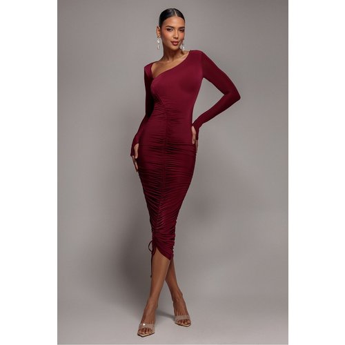 Goddiva Asymmetrical Neck Ruched Midi Dress - Wine