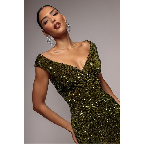 Goddiva Multi Sequin & Velvet Bardot Midi Dress - Olive Green