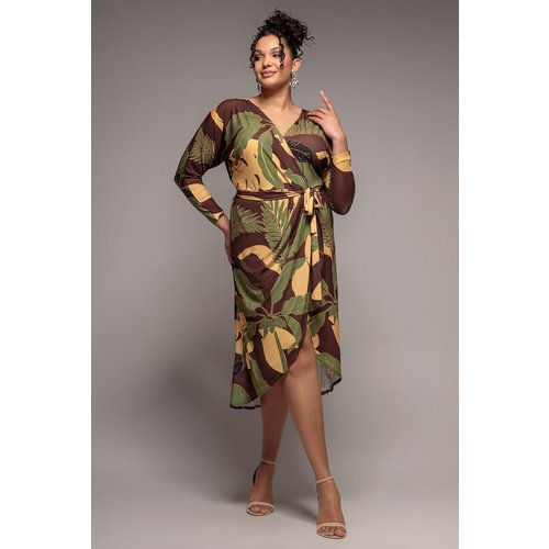 Goddiva Plus Printed Batwing Wrap Midi Dress - Brown