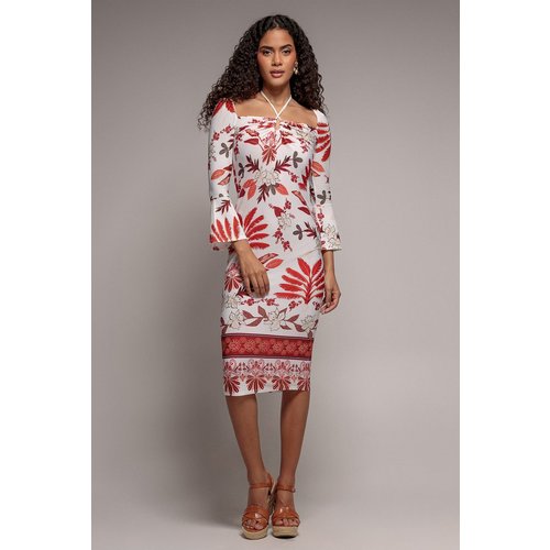 Goddiva Printed Tie Back Midi Dress - Cream