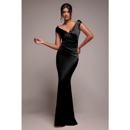 Goddiva Satin Off The Shoulder Maxi Dress - Black