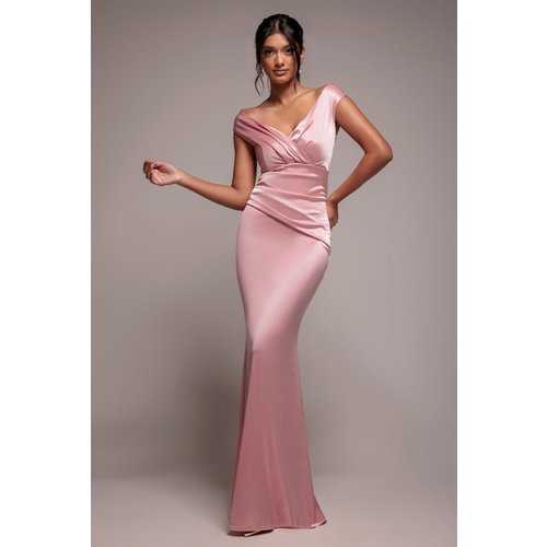 Goddiva Satin Off The Shoulder Maxi Dress - Pink