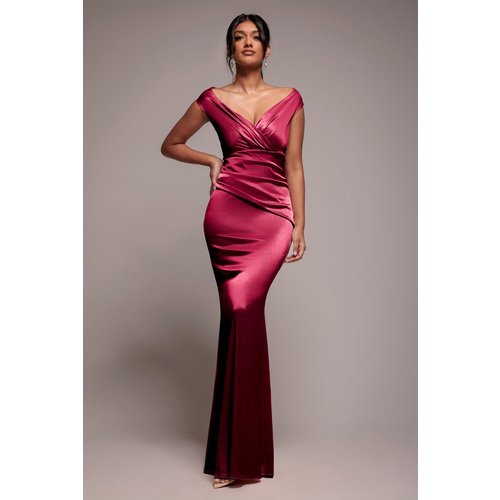 Goddiva Satin Off The Shoulder Maxi Dress - Wine