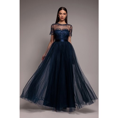 Goddiva Embroidered Mesh Maxi Dress - Navy