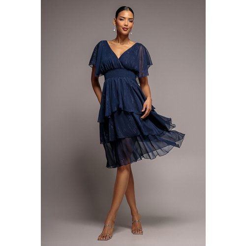 Goddiva Chiffon Layered Flutter Sleeve Midi Dress - Navy
