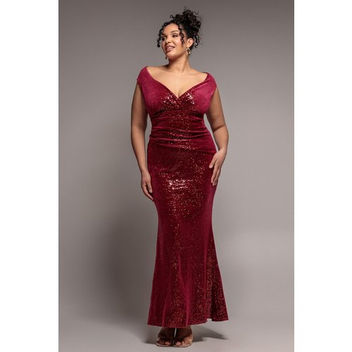 Goddiva Plus Sequin & Velvet Bardot Maxi Dress - Wine