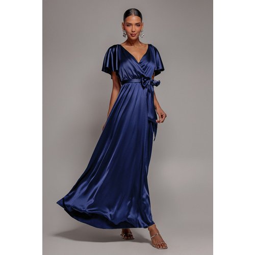 Goddiva Satin Flutter Sleeve Wrap Maxi Dress - Navy Blue