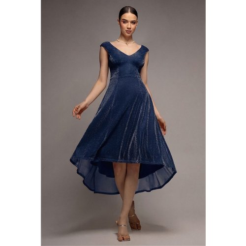 Goddiva Off The Shoulder Lurex High Low Dress - Navy