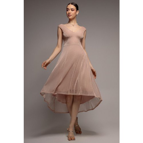 Goddiva Off The Shoulder Lurex High Low Dress - Nude