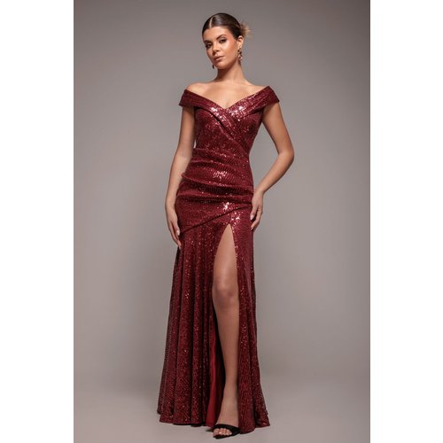 Goddiva Bardot Sequin Pleated Maxi Dress - Wine