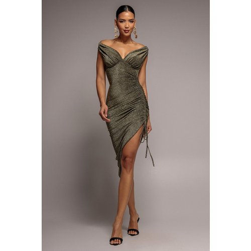 Goddiva Off The Shoulder Drawstring Side Midi - Gold