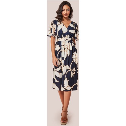 Goddiva Leaf Print Flutter Sleeve Midi - Navy
