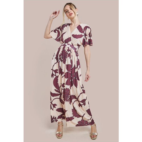 Goddiva Leaf Print Flutter Sleeve Maxi Dress - Cream