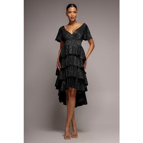 Goddiva Crinkle Lurex High Low Layered Midi Dress - Black