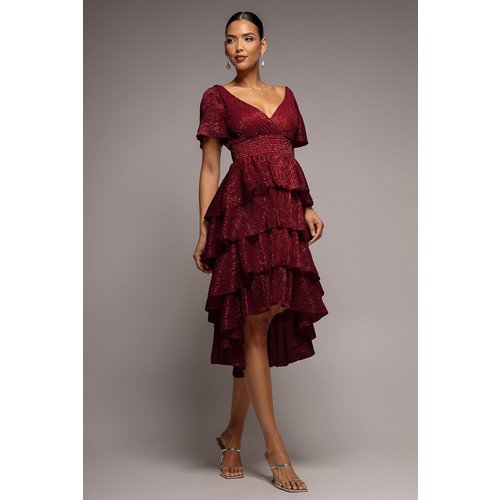 Goddiva Crinkle Lurex High Low Layered Midi Dress - Wine