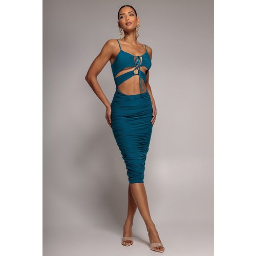 Goddiva Cut Out Ruched Midi With Drawstring - Teal Blue