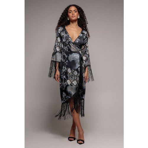 Goddiva Foil Print Wrap Midi With Tassels - Black