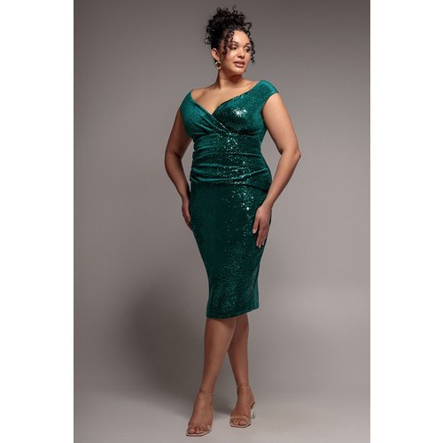 Goddiva Plus Sequin & Velvet Bardot Midi - Emerald Green