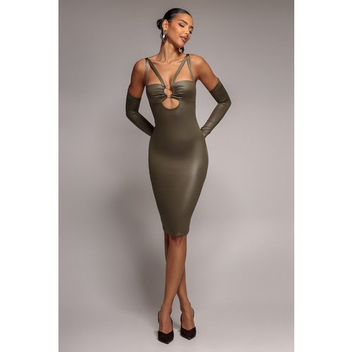 Goddiva Faux Leather Cut Out Sheath Midi Dress - Khaki