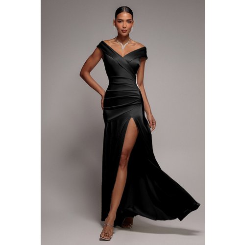 Goddiva Satin Off Shoulder Pleated Maxi Dress - Black